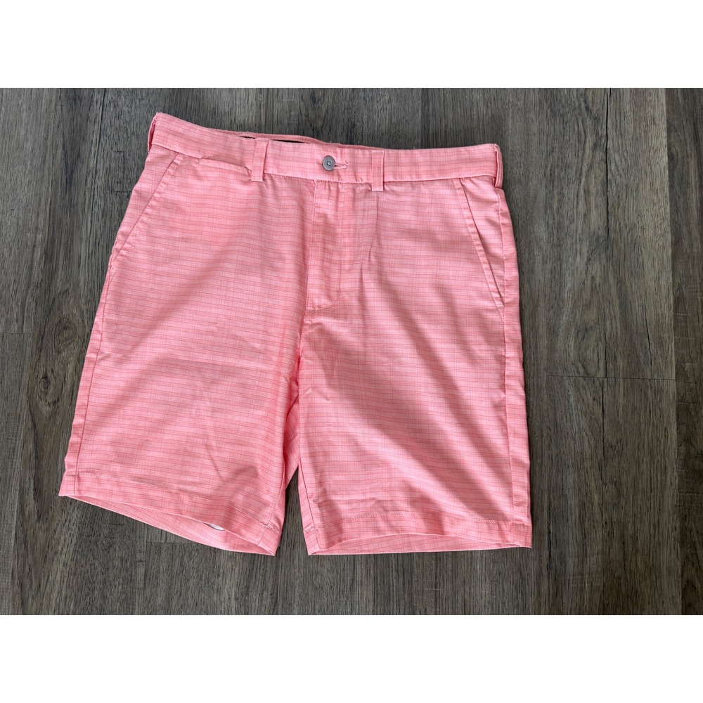 PGA Tour Mens Golf Shorts Coral Pink Crosshatch Flat Front Performance Size 32